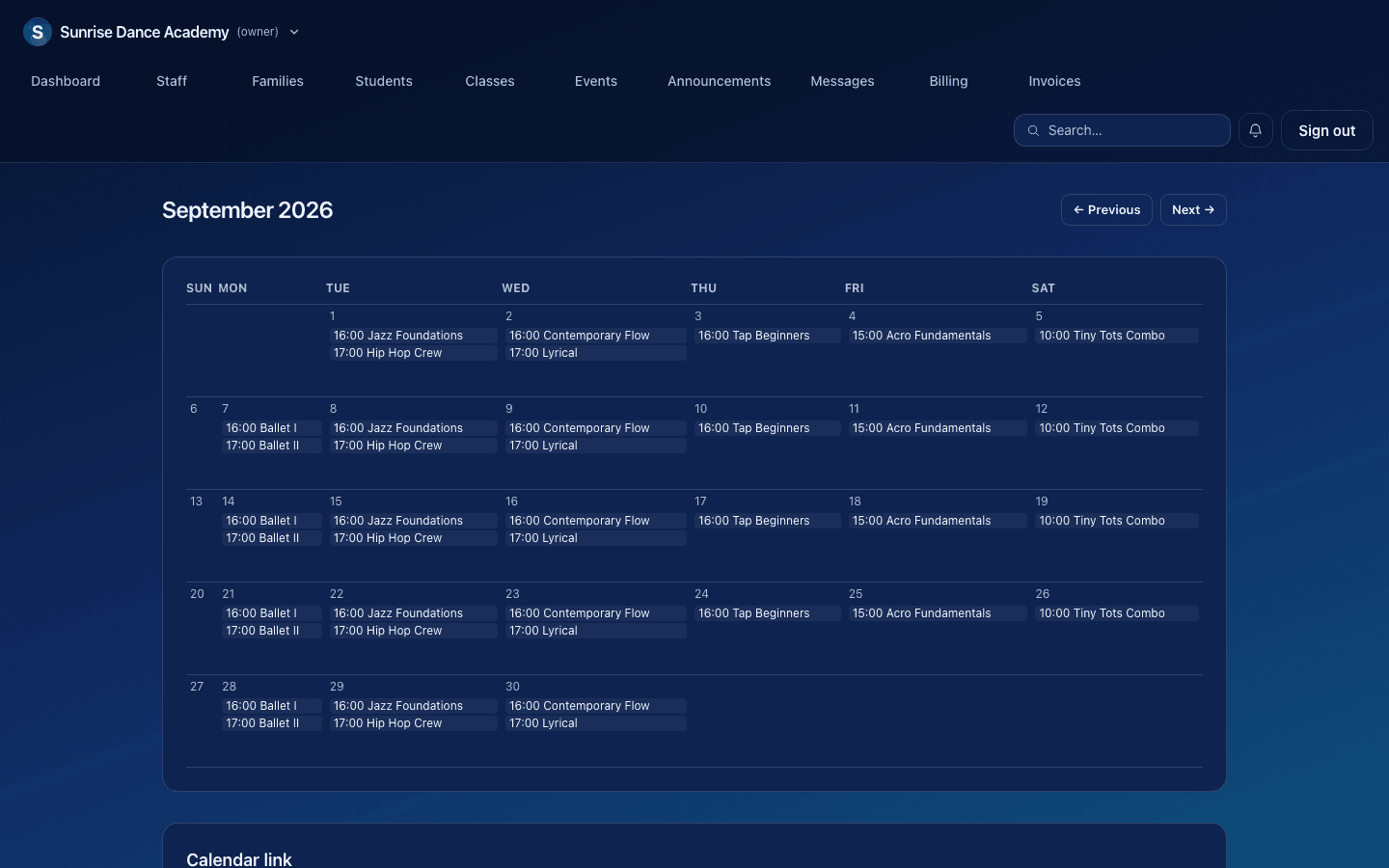 StudioSync's calendar showing a real month of classes for a dance studio