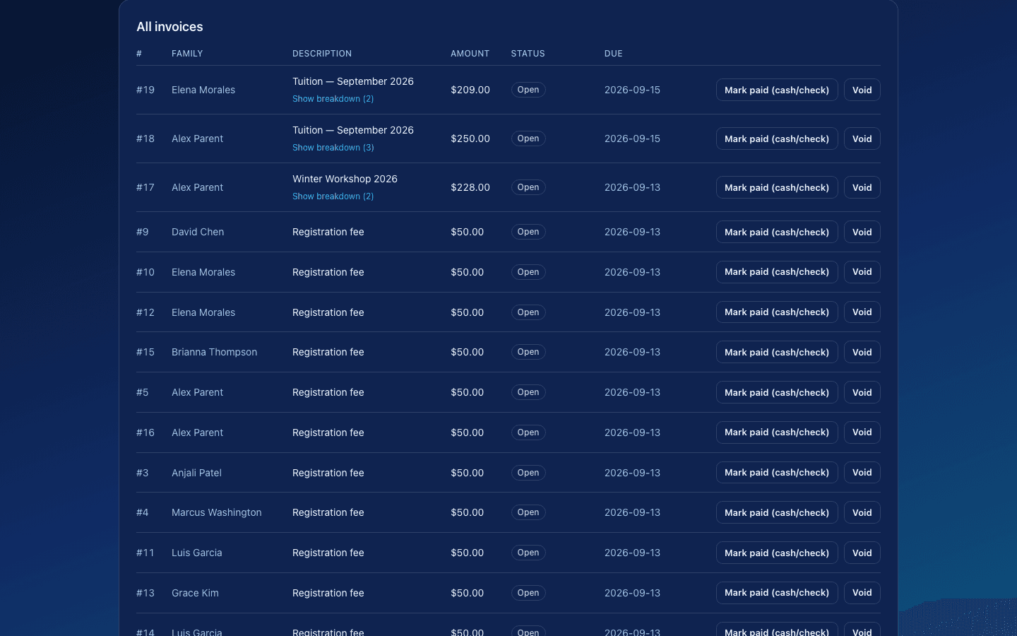 Tuition billing in StudioSync